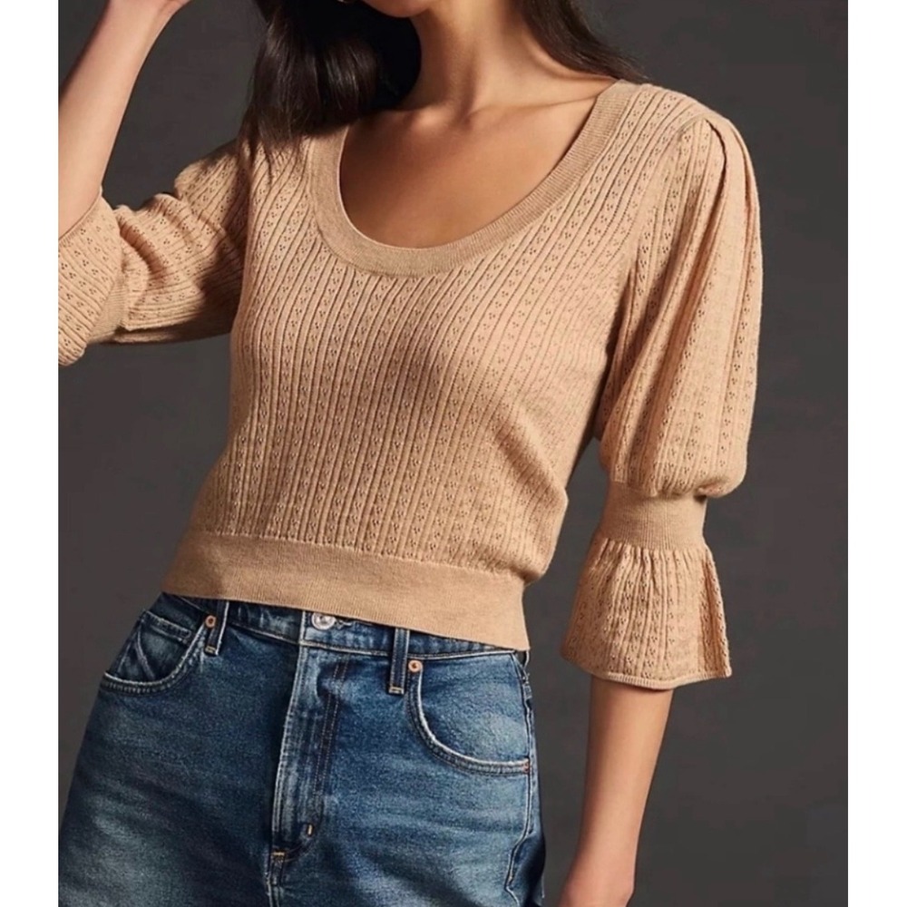 PAIGE Magnolia Pointelle‎ Knit Scoop Neck Sweater Tan Ruffle Sleeve